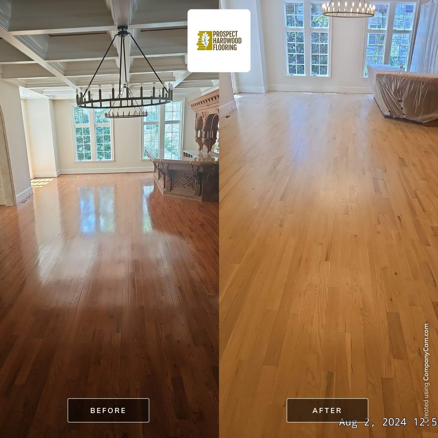Before and after photo of a Maryland great room hardwood floor refinished from dark orange to natural oak