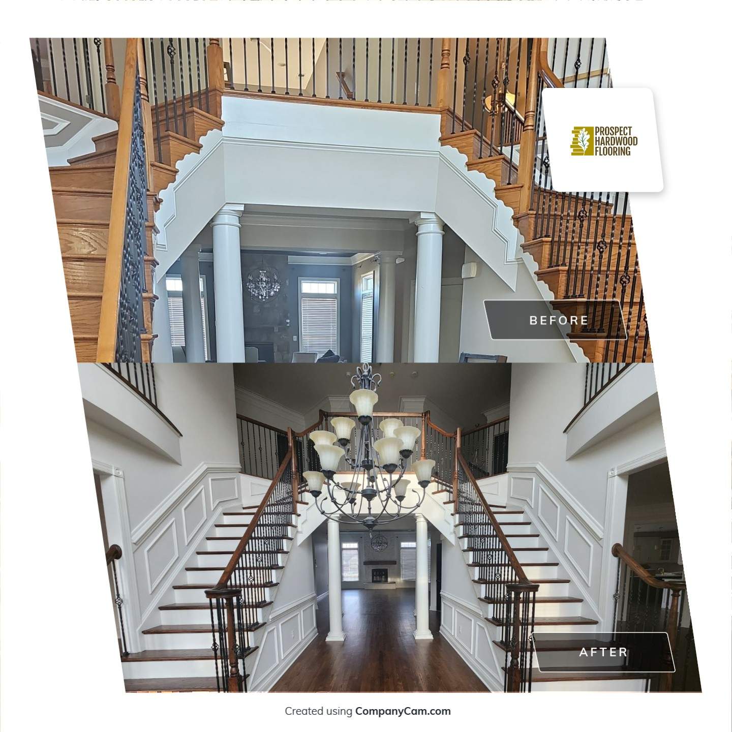 Before and after photo of a two-story Maryland staircase refinished with dark treads and white risers