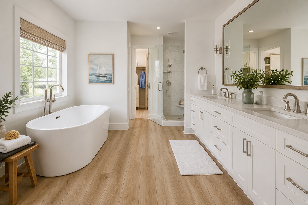 Waterproof LVP flooring installed in a modern Maryland bathroom
