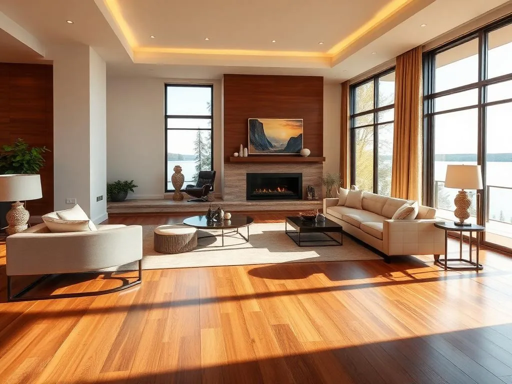 Engineered hardwood flooring in a waterfront living room