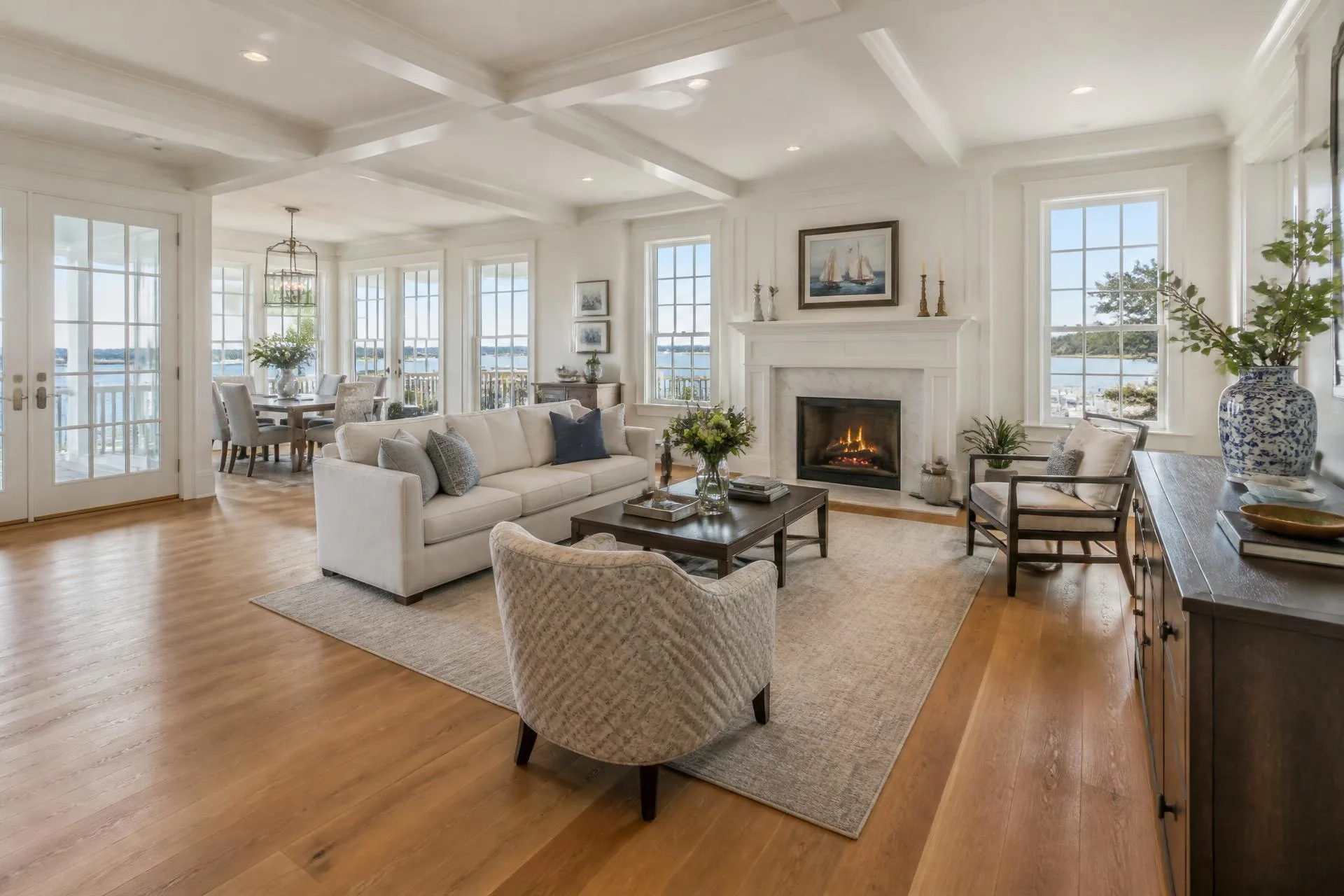 Newly installed wide-plank oak hardwood flooring in a bright Annapolis waterfront living room